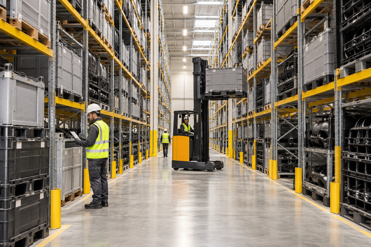 Concept image of an organised warehouse with high-bay storage and material handling